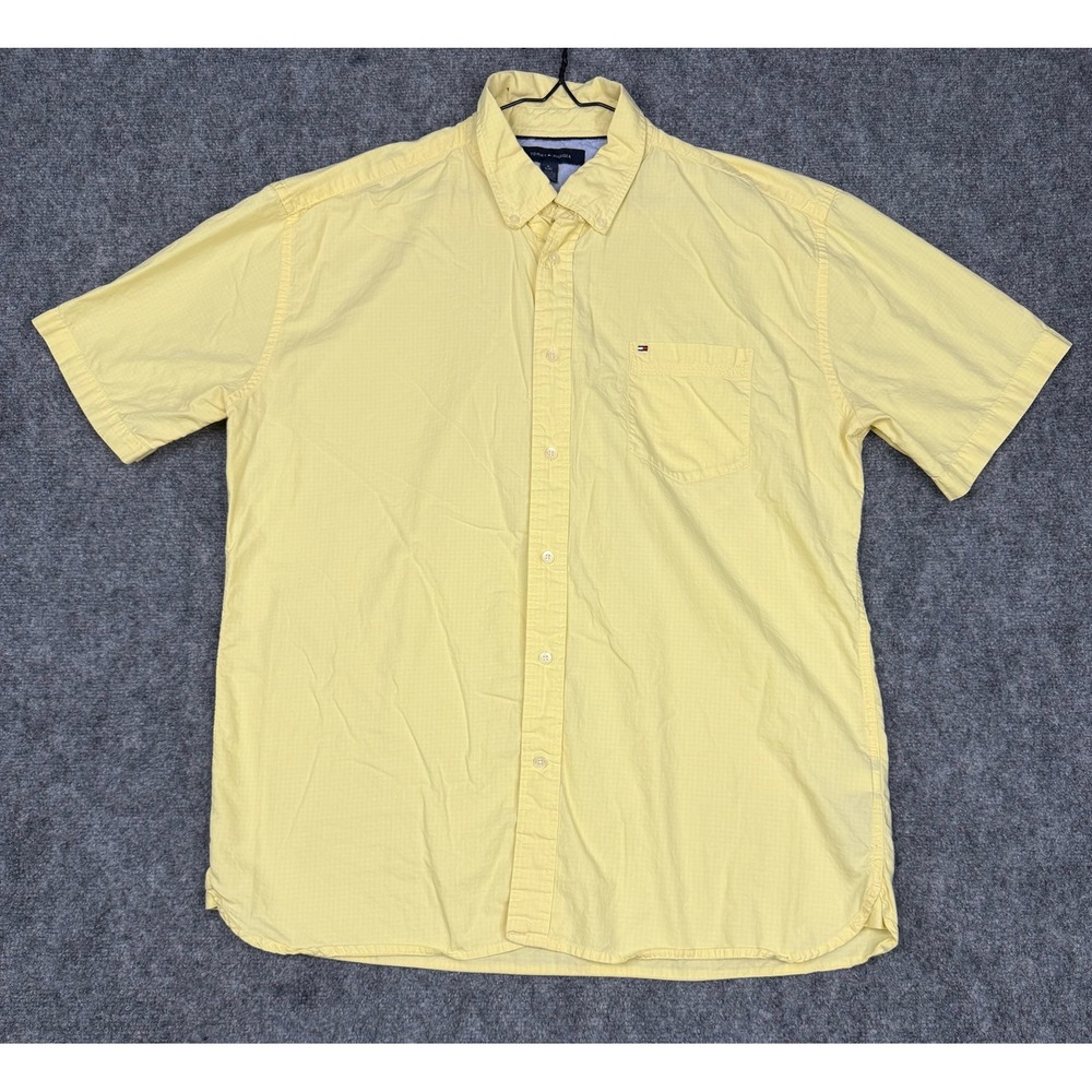 Tommy Hilfiger Mens XL Yellow Micro Check Short Sleeve Button Down Shirt